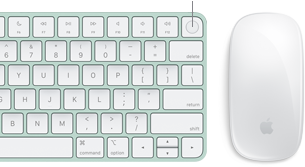 Close-up van bovenaanzicht van Magic Keyboard met Touch ID, met ernaast een Magic Mouse.