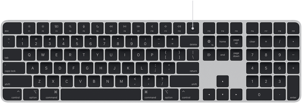 Aanduiding van Touch ID-toets op het Magic Keyboard, boven de Delete-toets