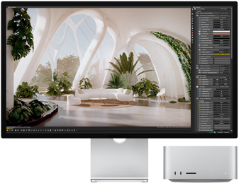 Vooraanzicht van Studio Display naast Mac Studio