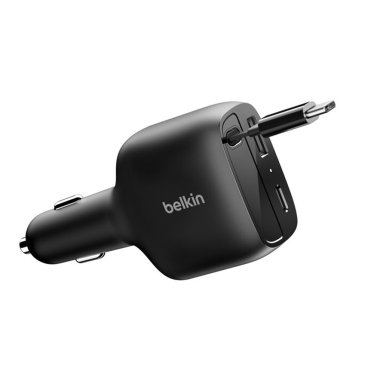 Belkin BoostCharge Car Charger with Retractable USB-C Cable - 75W - Black