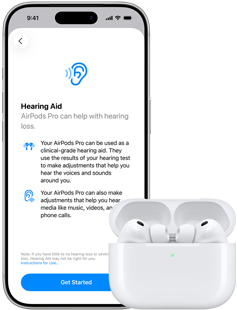 AirPods Pro 3 in MagSafe-oplaadcase, iPhone 17 Pro, tekst op het scherm: Gehoorapparaat