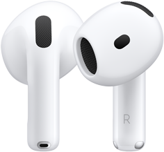 Achterkant van linker AirPod en voorkant van rechter AirPod met op het steeltje de letter R, om aan te geven dat deze voor het rechteroor bestemd is
