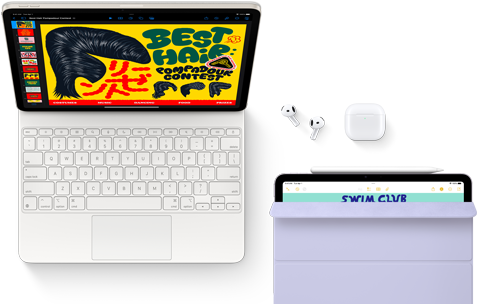 iPad Air met een Magic Keyboard eraan vast en daarnaast AirPods Pro, Apple Pencil Pro en een Smart Folio