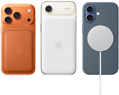 iPhone 17 Pro, achterkant, kleur Kosmisch Oranje, met siliconenhoesje in de kleur Siennabruin en FineWoven kaarthouder met MagSafe in de kleur Oranjerood; iPhone Air, achterkant, kleur Wolkenwit, met Magsafe-batterij; iPhone 17, achterkant, kleur Nevelblauw, met siliconenhoesje in de kleur Ankerblauw en MagSafe-oplader