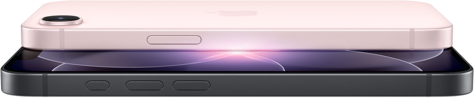 iPhone 17e, zijkant en achterkant in horizontale stand, kleur zachtroze, iPhone 17e, zijkant en voorkant in horizontale stand, kleur zwart