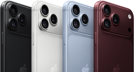 iPhone 18 Pro-modellen op een rij, achterkant, in de vier kleuren: Bordeauxrood, Gletsjer, Zilver, Zwart, Pro Fusion-camerasysteem linksboven, 3 lenzen, microfoon, flitser