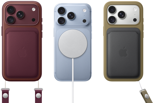 Van links naar rechts, iPhone 18 Pro met een leren hoesje in Bordeauxrood met Bordeauxrood Crossbodykoord, middelste iPhone 18 Pro in de kleur Gletsjer met witte MagSafe-oplader eraan vast, iPhone 18 Pro rechts in de kleur Zilver met een groene leren kaarthouder met polsbandje