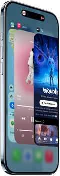 iPhone Air, voorkant, zijkant, dun profiel, Dynamic Island bovenaan in het midden, de appkiezer wordt gebruikt, knoppen: Actieknop, volumeknoppen
