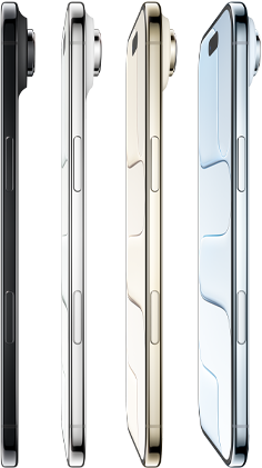 iPhone Air, zijkant, alle vier de uitvoeringen, Hemelsblauw, Lichtgoud, Wolkenwit, Spacezwart, zeer dun profiel, Fusion-camerasysteem, knoppen: zijknop, Cameraregelaar