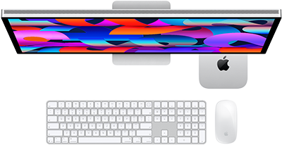 Mac mini onder Studio Display, Magic Keyboard met numeriek toetsenblok, Magic Mouse