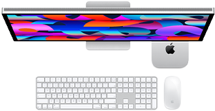 Mac mini onder Studio Display, Magic Keyboard met numeriek toetsenblok, Magic Mouse