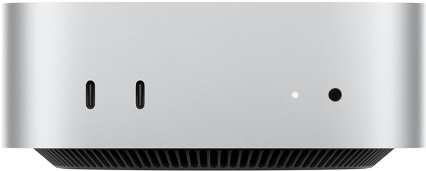 Voorkant van Mac mini, twee Thunderbolt-poorten, statuslampje en mini-jack-aansluiting, taps toelopende zwarte onderkant, platte bovenkant, afgeronde zijkanten, rechte randen, kleur zilver
