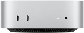 Voorkant van Mac mini, twee Thunderbolt-poorten, statuslampje en mini-jack-aansluiting, taps toelopende zwarte onderkant, platte bovenkant, afgeronde zijkanten, rechte randen, kleur zilver