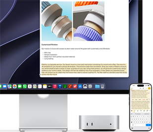 Voorkant van Mac mini onder Studio Display, een iPhone staat rechts van het device en het display, geselecteerde tekst met de commando’s knippen, kopiëren, plakken en Vul Automatisch In erboven op iPhone komt overeen met gemarkeerde tekst op het display, ter illustratie van Universeel Klembord