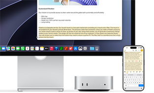 Voorkant van Mac mini onder Studio Display, een iPhone staat rechts van het device en het display, geselecteerde tekst met de commando’s knippen, kopiëren, plakken en Vul Automatisch In erboven op iPhone komt overeen met gemarkeerde tekst op het display, ter illustratie van Universeel Klembord