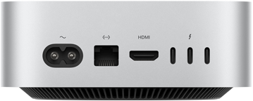 Achterkant van Mac mini, voedingspoort, Ethernet-poort, HDMI-poort, drie Thunderbolt-poorten