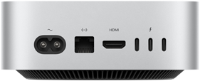 Achterkant van Mac mini, voedingspoort, Ethernet-poort, HDMI-poort, drie Thunderbolt-poorten