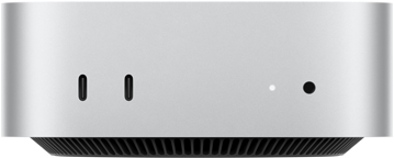Mac mini, vooraanzicht, zilveren behuizing, twee USB‑C-poorten, aan/uit-knop, statuslampje, ventilatierooster aan de onderkant
