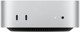 Mac mini, vooraanzicht, zilveren behuizing, twee USB‑C-poorten, aan/uit-knop, statuslampje, ventilatierooster aan de onderkant