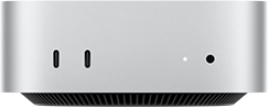 Mac mini, vooraanzicht, zilveren behuizing, twee USB‑C-poorten, aan/uit-knop, statuslampje, ventilatierooster aan de onderkant
