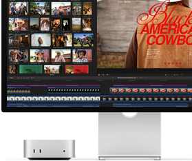 Mac mini gekoppeld aan Studio Display, met rechts op het scherm een beeld uit de film Black American Cowboy en links verschillende stills