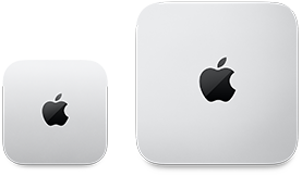 Bovenkant van twee Mac mini’s, zilverkleurig aluminium, afgeronde hoeken, glanzend zwart Apple logo in het midden, device aan de linkerkant is een nieuwere versie en meer dan de helft kleiner dan het device aan de rechterkant