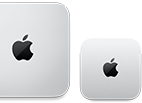Bovenkant van twee Mac mini’s, zilverkleurig aluminium, afgeronde hoeken, glanzend zwart Apple logo in het midden, device aan de linkerkant is een nieuwere versie en meer dan de helft kleiner dan het device aan de rechterkant