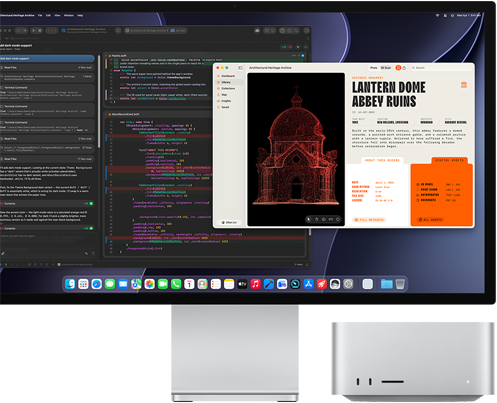 Studio Display XDR met een document in Claude Agent in Xcode, Mac Studio, vooraanzicht