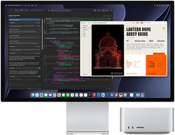 Studio Display XDR met een document in Claude Agent in Xcode, Mac Studio, vooraanzicht