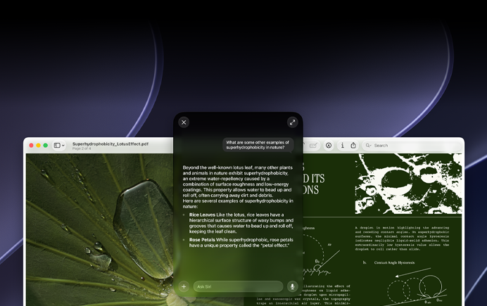 Demo van Siri en visuele AI, vraag van gebruiker over een onderwerp in een pdf op een Mac-scherm: What are some other examples of superhydrophobicity in nature? met antwoord van Siri