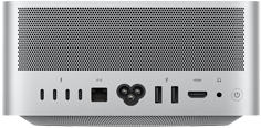Mac Studio, achterkant, ventilatievlak van geperforeerd aluminium, vier Thunderbolt 5-poorten, één Ethernet-poort, aansluitpunt voor het netsnoer, twee USB‑A-, één HDMI-, één mini‑jack-aansluiting en aan/uit-knop