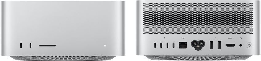 Voorkant van Mac Studio, twee USB‑C-poorten, SDXC-kaartsleuf, statuslampje, taps toelopende onderkant, platte bovenkant, afgeronde zijkanten, rechte randen, kleur zilver, achterkant van Mac Studio, ventilatievlakken van geperforeerd aluminium, vier Thunderbolt 5-poorten, één Ethernet-poort, één voedingspoort, twee USB‑A-poorten, één HDMI-poort, één mini‑jack-aansluiting en aan/uit-knop