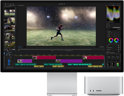 Studio Display XDR met geïntegreerde standaard, Mac Studio past perfect onder het scherm, tools voor videobewerking en kleurcorrectie op het scherm
