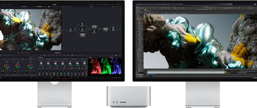 Studio Display-scherm en Studio Display XDR-scherm aan weerszijden van Mac Studio, met in beeld tools en software voor artistieke 3D-modellering