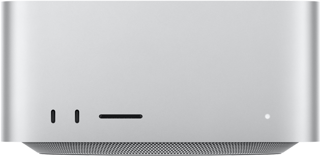 Mac Studio, voorkant, twee USB‑C-poorten, SDXC-kaartsleuf, statuslampje, taps toelopende onderkant, platte bovenkant, afgeronde hoeken, rechte randen, kleur zilver