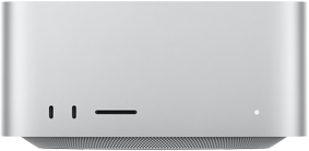 Mac Studio, voorkant, twee USB‑C-poorten, SDXC-kaartsleuf, statuslampje, taps toelopende onderkant, platte bovenkant, afgeronde hoeken, rechte randen, kleur zilver