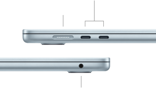 Zijaanzicht van de poorten van MacBook Air: MagSafe-poort en twee Thunderbolt 4-poorten aan de linkerkant, mini-jack-aansluiting aan de rechterkant