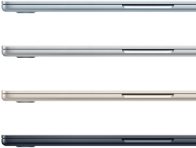 Zijaanzicht van vier MacBook Air-laptops in vier verschillende uitvoeringen