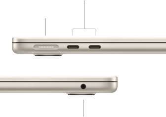 Linkerzijde van gesloten MacBook Air, met MagSafe-poort en twee Thunderbolt-poorten, rechterzijde met mini‑jack-aansluiting