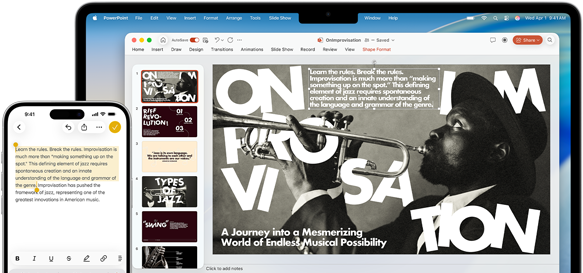 iPhone 16 Plus met gemarkeerde tekst in Notities, MacBook Air met een openstaande slide in Keynote, tekst uit Notities is te zien op de slide