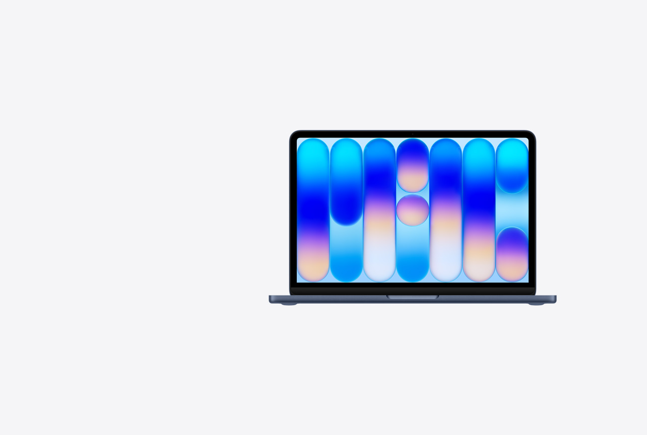 Opengeklapte MacBook Neo, kleur Indigo, kleurrijke abstracte achtergrond