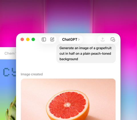 Scherm van MacBook Neo, met ChatGPT om een afbeelding van een grapefruit te genereren, in het tweede venster staat een afbeelding van een artisjok op een achtergrond met een kleurverloop in Keynote