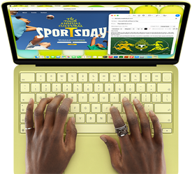 MacBook Neo, kleur Citrus, handen op toetsenbord, gebruiker stelt een e-mail op met een uitnodiging voor de opening van een sportevenement, website van het evenement is ernaast geopend