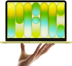 MacBook Neo in de kleur Citrus, balancerend op de vingertoppen van een open hand, op het scherm wordt een kleurrijk abstract patroon weergegeven