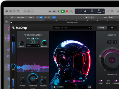 Op het scherm de software MicDrop waarmee met behulp van AI-features een opname wordt bewerkt op een MacBook Pro