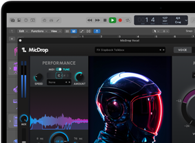 Op het scherm de software MicDrop waarmee met behulp van AI-features een opname wordt bewerkt op een MacBook Pro