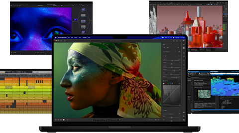 Kleurrijke schermcontent van apps voor muziekproductie, videobewerking, 3D-animatie en fotobewerking op Mac, ter demonstratie van de krachtige graphics
