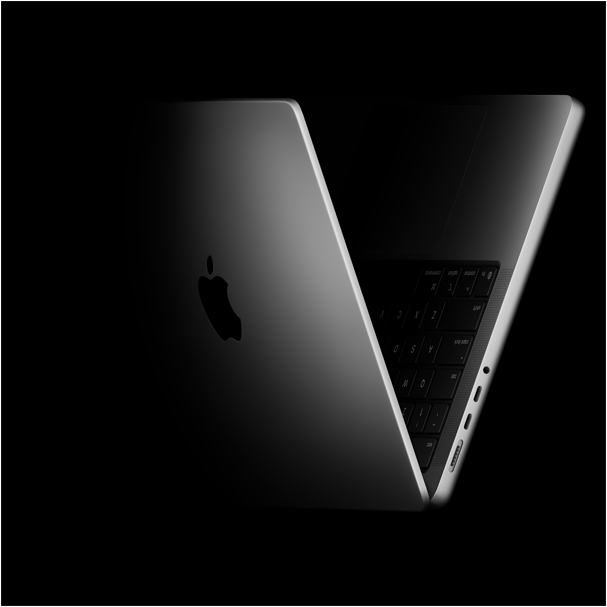 MacBook Pro in de vorm van een V, verwijzend naar de M5-chip