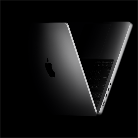 MacBook Pro in de vorm van een V, verwijzend naar de M5-chip