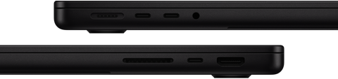 De poorten op MacBook Pro — linkerkant: MagSafe 3, twee Thunderbolt-poorten en mini‑jack-aansluiting — rechterkant: SDXC-kaartsleuf, één Thunderbolt-poort en HDMI